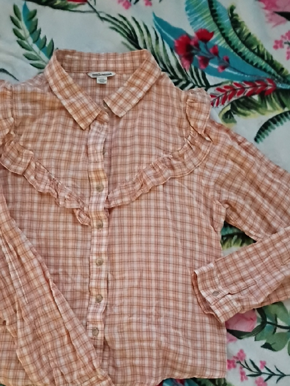 American Eagle Outfitters Peach and White Plaid Ruffle Blouse